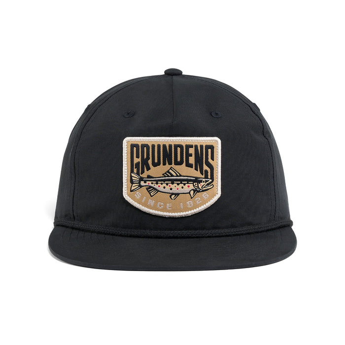 Black Grundens Trout Patch Rope Trucker Hat with a retro brown trout heritage patch and matching front bill accent rope