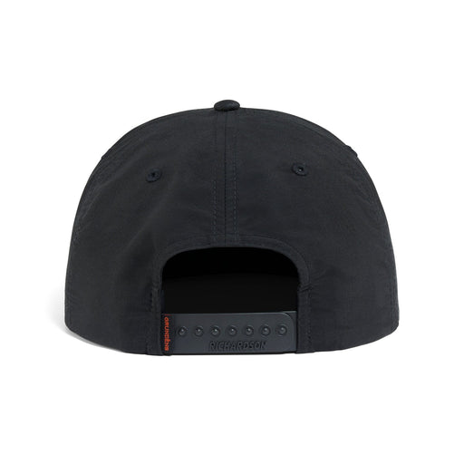Back view of the black Grundens Trout Patch Rope Trucker Hat showing the classic adjustable snapback closure