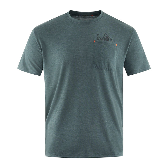 Heather green t-shirt with a front pocket and a fish graphic coming out of the pocket.