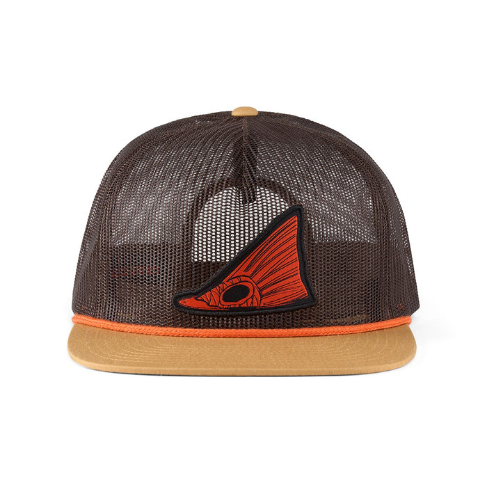 Grundens Brown and Whiskey trucker hat with red band and fish logo.