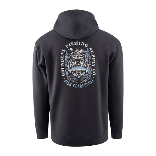Back view of Grundens Bear Essentials Hoodie featuring bear angler graphic design