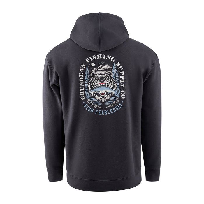 Back view of Grundens Bear Essentials Hoodie featuring bear angler graphic design
