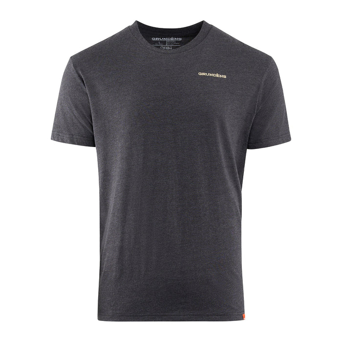 Heather grey t shirt with Grundens logo on left chest