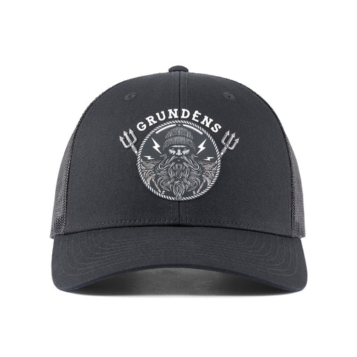 Grundens Sentinel of the Seas Trucker Hat in Black featuring a detailed mythical ocean guardian front patch