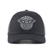 Grundens Sentinel of the Seas Trucker Hat in Black featuring a detailed mythical ocean guardian front patch