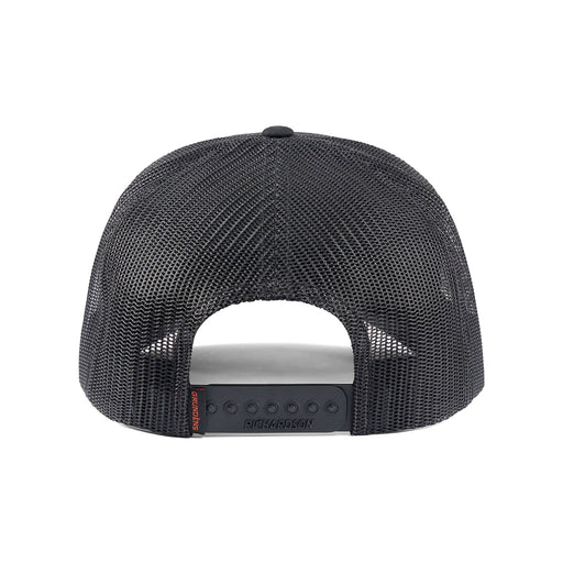 Back profile of the black Grundens Sentinel of the Seas Trucker Hat showing the classic mesh backing and adjustable snapback closure