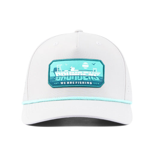 Grundens Skiffscript Vented Hat in silver with teal flats fishing skiff patch