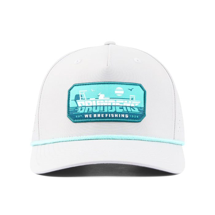Grundens Skiffscript Vented Hat in silver with teal flats fishing skiff patch