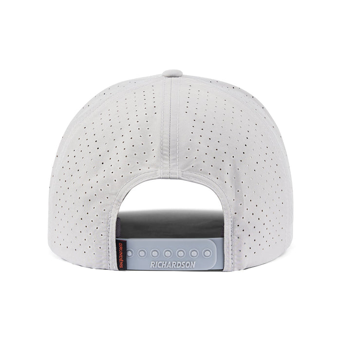 Back view of silver Grundens Skiffscript Vented Hat showing adjustable snapback and laser cut ventilation