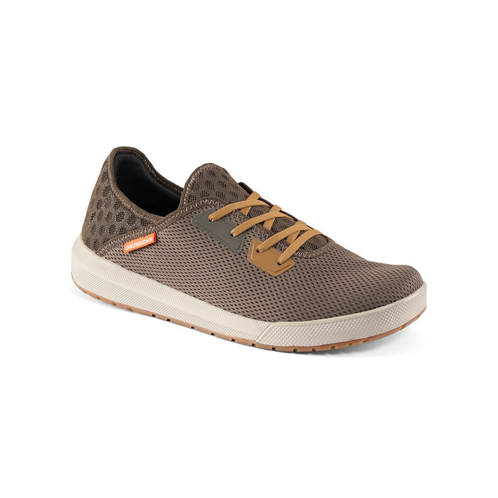Grundens Keeper Sneaker in Otter brown profile view quick drying mesh fly fishing shoe