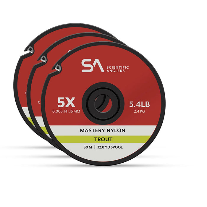 Three red spools of Scientific Anglers Mastery Nylon Trout fishing line on a white background