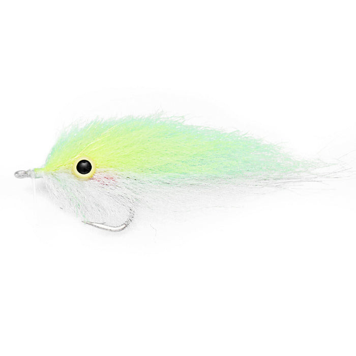 High-visibility chartreuse and white EP Peanut Butter fly mimicking a juvenile bunker or Atlantic menhaden.