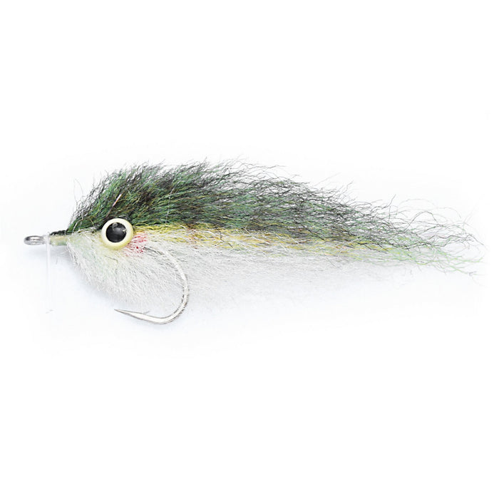 Natural olive and polar white EP Peanut Butter saltwater fly engineered to track straight and shed water instantly.