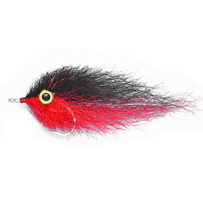 Black and red EP Peanut Butter saltwater baitfish fly featuring durable synthetic fibers and large realistic 3D eyes.