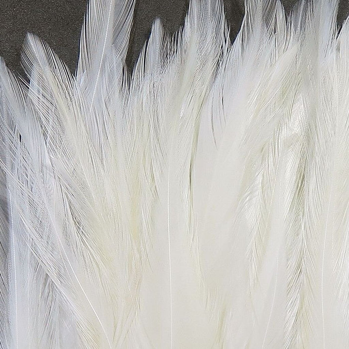 Hareline Strung Chinese Saddle Hackle 5-7 inch feathers in White showing supple barbules designed for articulated baitfish streamer profiles