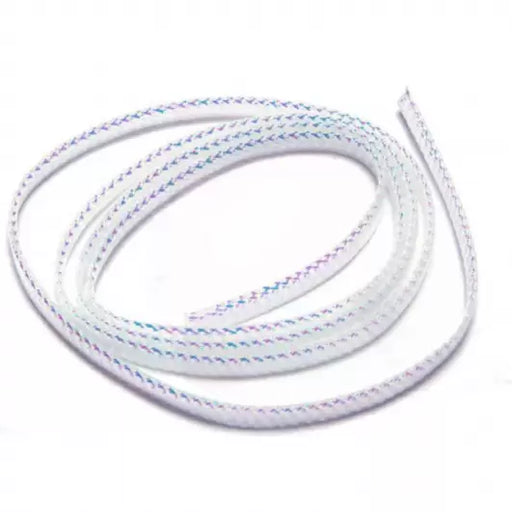 A package of Wapsi Flexi-Cord Light hollow braid material coiled in a circle, showcasing the textured white nylon weave with iridescent pearl and subtle multi-colored reflective tinsel highlights.