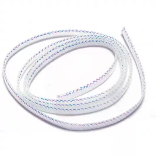 A package of Wapsi Flexi-Cord Light hollow braid material coiled in a circle, showcasing the textured white nylon weave with iridescent pearl and subtle multi-colored reflective tinsel highlights.