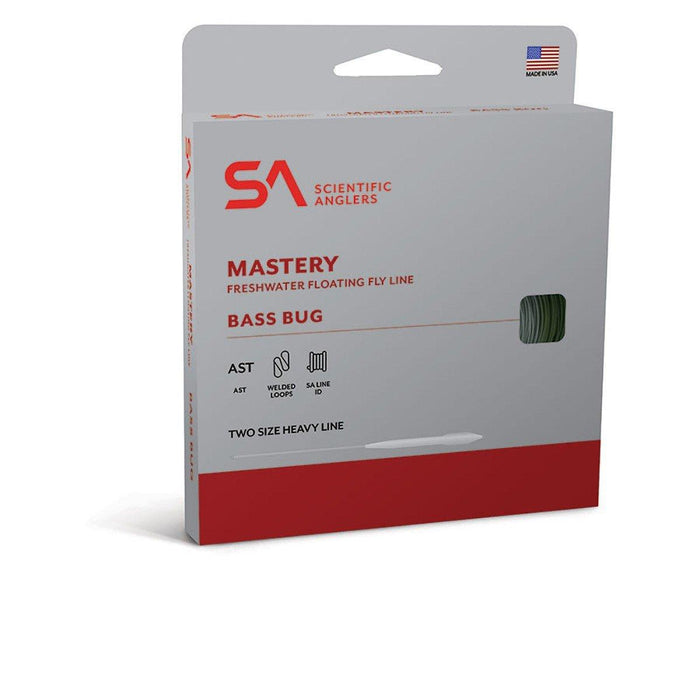 Scientific Anglers Mastery Bass Bug Fly Line packaging highlighting AST technology and two-size heavy design