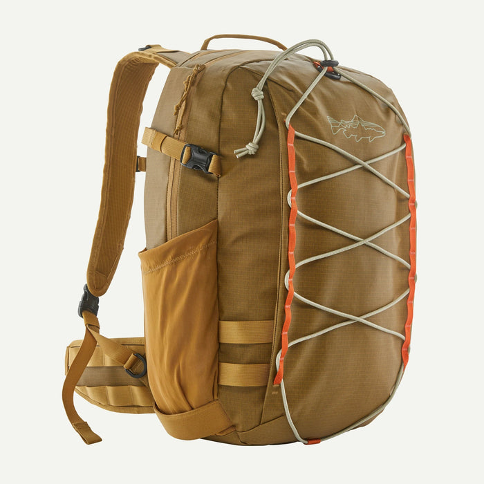 Bobcat Brown variant of the Patagonia Stealth Backpack 25L showing the side profile with an integrated net sleeve and water bottle pocket