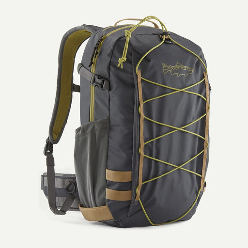 Forge Grey variant of the Patagonia Stealth Backpack 25L featuring a charcoal grey technical fabric layout and integrated external gear lashing cords