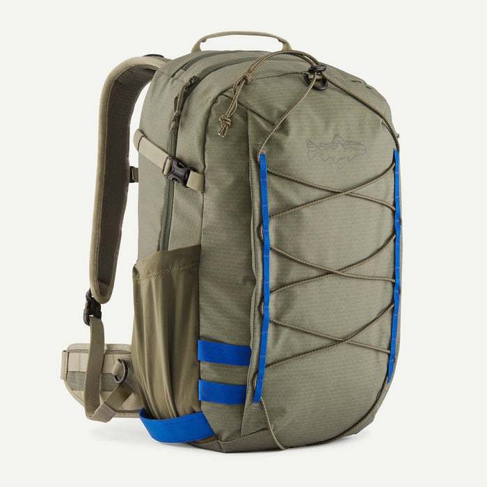 River Rock Green variant of the Patagonia Stealth Backpack 25L showcasing a muted olive green finish and an ergonomic fly fishing pack profile