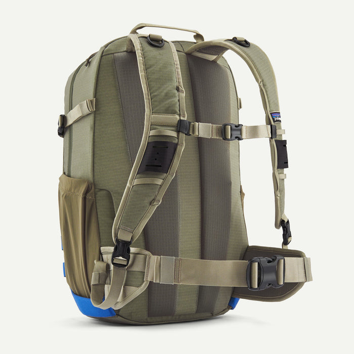 Rear view of the Patagonia Stealth Backpack 25L highlighting the breathable cushioned padding on the shoulder straps and adjustable hip belt