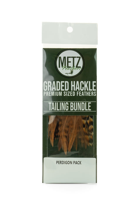 Metz Graded Hackle Tailing Bundle Perdigon Pack with stiff rooster cape feathers for euro nymph patterns