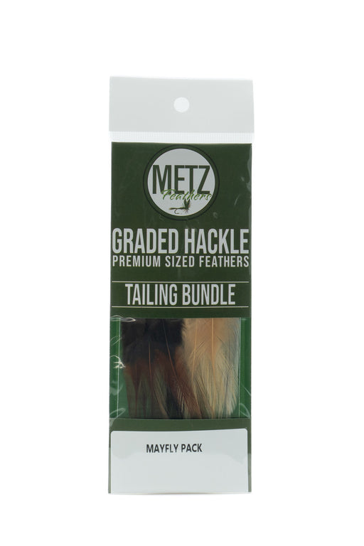 Metz Graded Hackle Tailing Bundle Mayfly Pack featuring premium rooster cape feathers for dry fly tails
