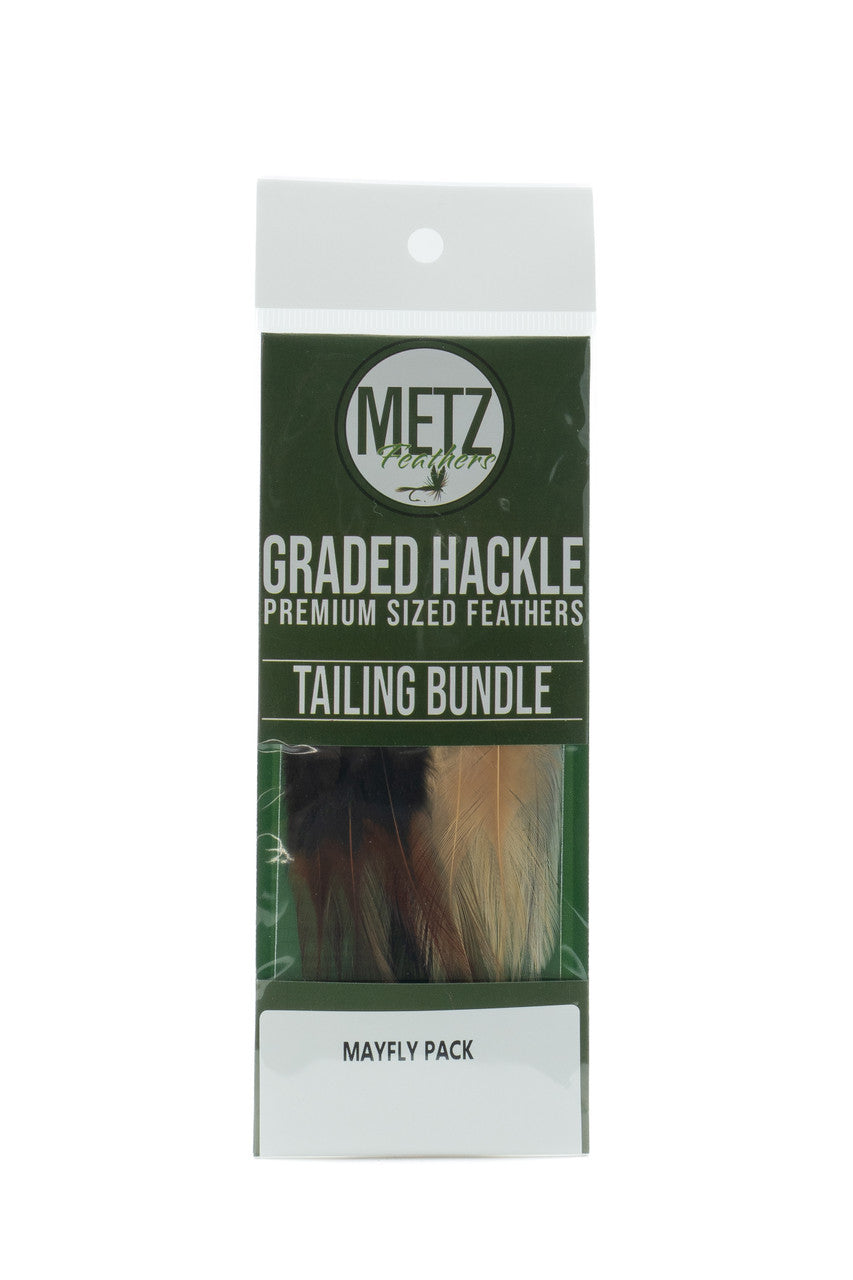 Metz Graded Hackle Tailing Bundle Mayfly Pack featuring premium rooster cape feathers for dry fly tails