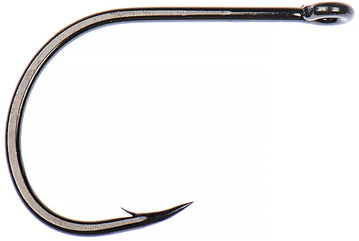 Side view of Ahrex XO784 Game Changer hook showing straight eye and wider gap with a barb.