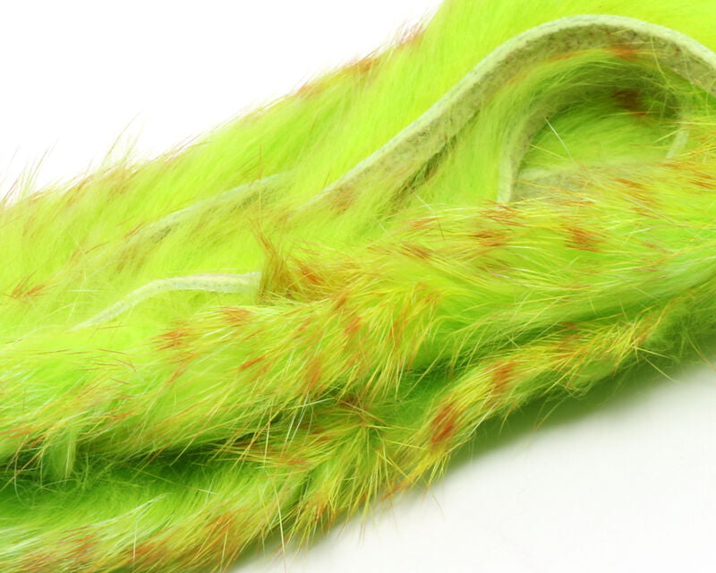 A pack of Hareline Barred Polychrome Rabbit Strips in Chartreuse, Golden Yellow, and Barred Red #3, displaying highly vibrant, neon chartreuse and golden-yellow rabbit fur detailed with sharp, contrasting dark red barred stripes.