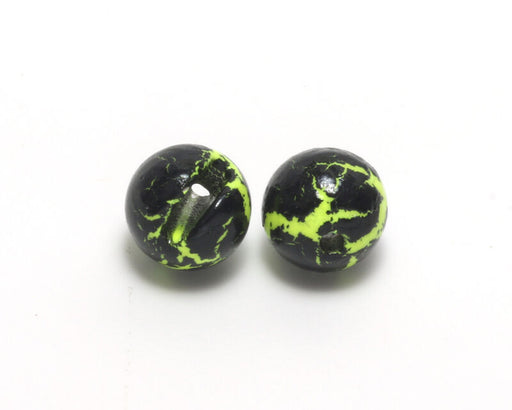 A pack of Hareline Crackle Slotted Tungsten Beads in Fl. Chartreuse and Black #127, displaying the heavy slotted heads coated in a high-visibility neon chartreuse-green and black crackle pattern.