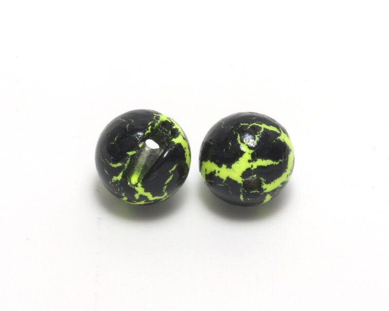 A pack of Hareline Crackle Slotted Tungsten Beads in Fl. Chartreuse and Black #127, displaying the heavy slotted heads coated in a high-visibility neon chartreuse-green and black crackle pattern.