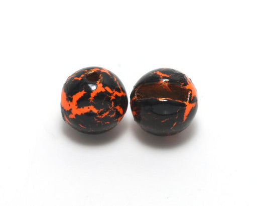 A pack of Hareline Crackle Slotted Tungsten Beads in Fl. Orange and Black #137, showcasing the heavy slotted beads covered in a high-contrast, vibrant neon orange and black mottled finish.