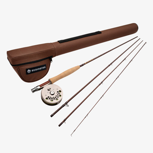 Fishing rod and reel set with brown case on a white background