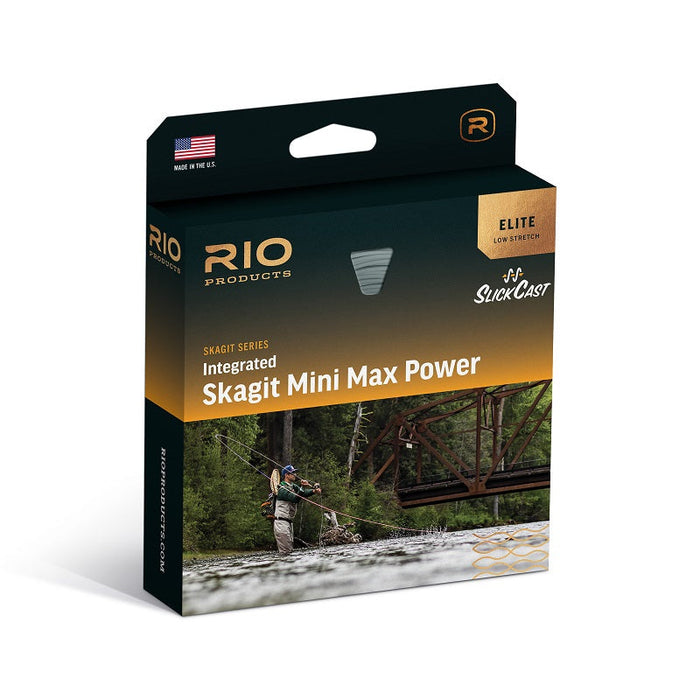 RIO Products Skagit Mini Max Power Integrated fly fishing line in its retail packaging, featuring a black and gold box with a photo of a fly fisherman on the front.