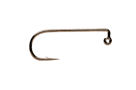 A close-up studio shot of a single Fulling Mill 6050 Stealth Jig Hook, showcasing its 90-degree bent eyelet, straight high-carbon steel shank, sharp pointed bend, and sleek, non-reflective black nickel finish.