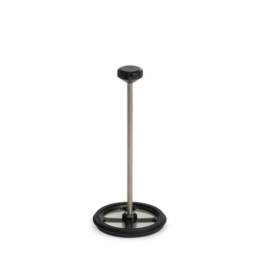 Side profile view of the fully assembled Grayl Titanium Coffee Press plunger mechanism demonstrating the connected multi-piece titanium stem and filter disc