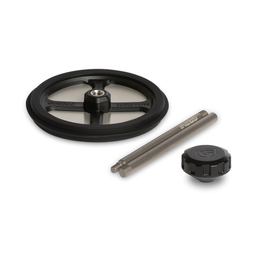 Grayl Titanium Coffee Press Kit components disassembled showcasing the circular mesh filter screen, two-piece titanium press rod, and black textured press knob
