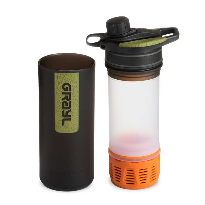 Grayl GeoPress replacement cartridge installed on the bottom of a clear and black GeoPress water purifier bottle to demonstrate the leak-proof seal