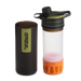 Grayl GeoPress replacement cartridge installed on the bottom of a clear and black GeoPress water purifier bottle to demonstrate the leak-proof seal