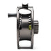 A close-up side view of a dark gray metallic fly fishing reel with a black handle and a small lime green accent, set against a solid white background.