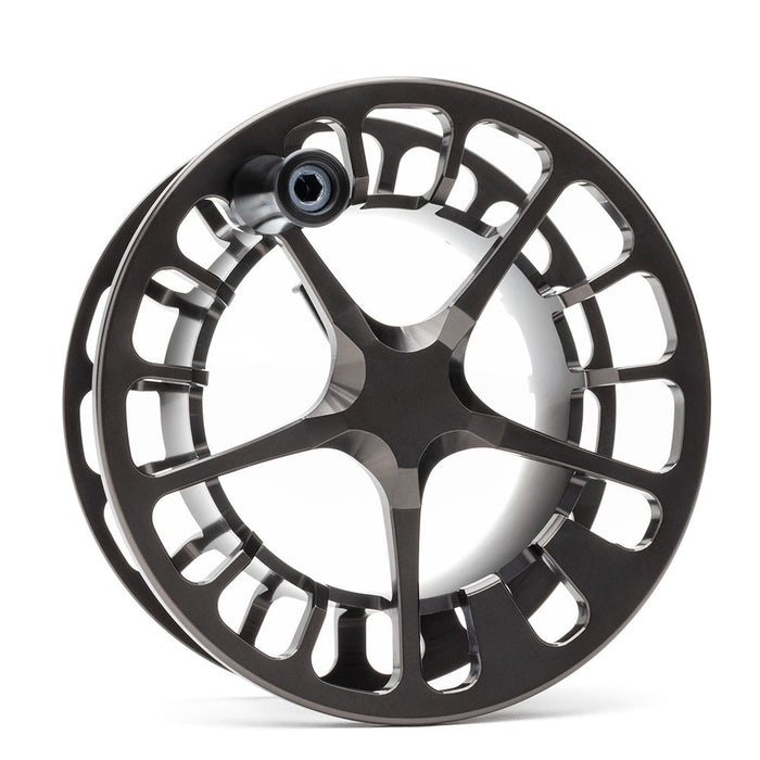 A black anodized metal spool or reel with a five-spoke star design and cutout details, shown on a clean white background.