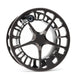 A black anodized metal spool or reel with a five-spoke star design and cutout details, shown on a clean white background.