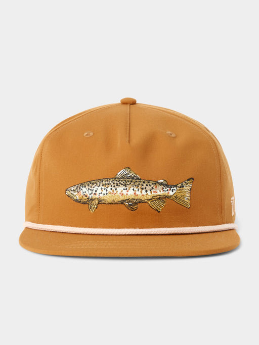 Brown Duck Camp Grandpa Hat featuring a structured 5-panel rope design and a custom embroidered brown trout patch.