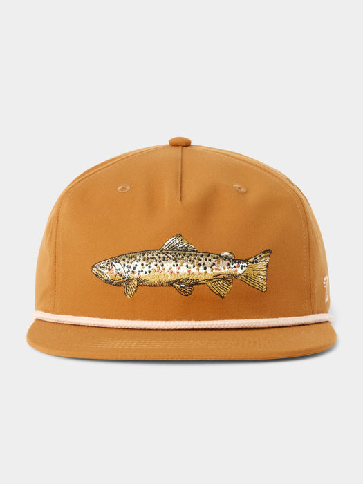Brown Duck Camp Grandpa Hat featuring a structured 5-panel rope design and a custom embroidered brown trout patch.