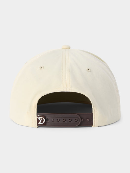 Beige cap with a brown adjustable strap on a light gray background
