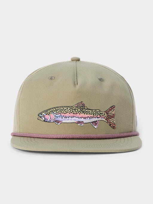 Khaki green Duck Camp Grandpa Hat featuring a structured 5-panel rope design and a detailed rainbow trout patch.