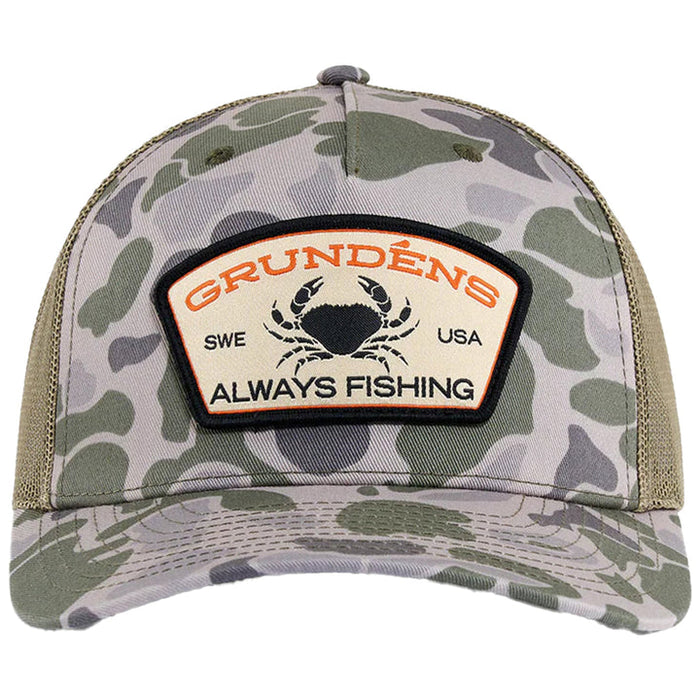 Camo Grundens hat with always fishing crab logo on front.