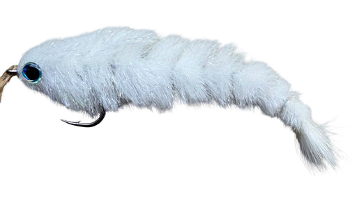 White Chocklett's Finesse Changer articulated streamer fly showing the multi-jointed synthetic fiber body and lifelike 3D living eyes